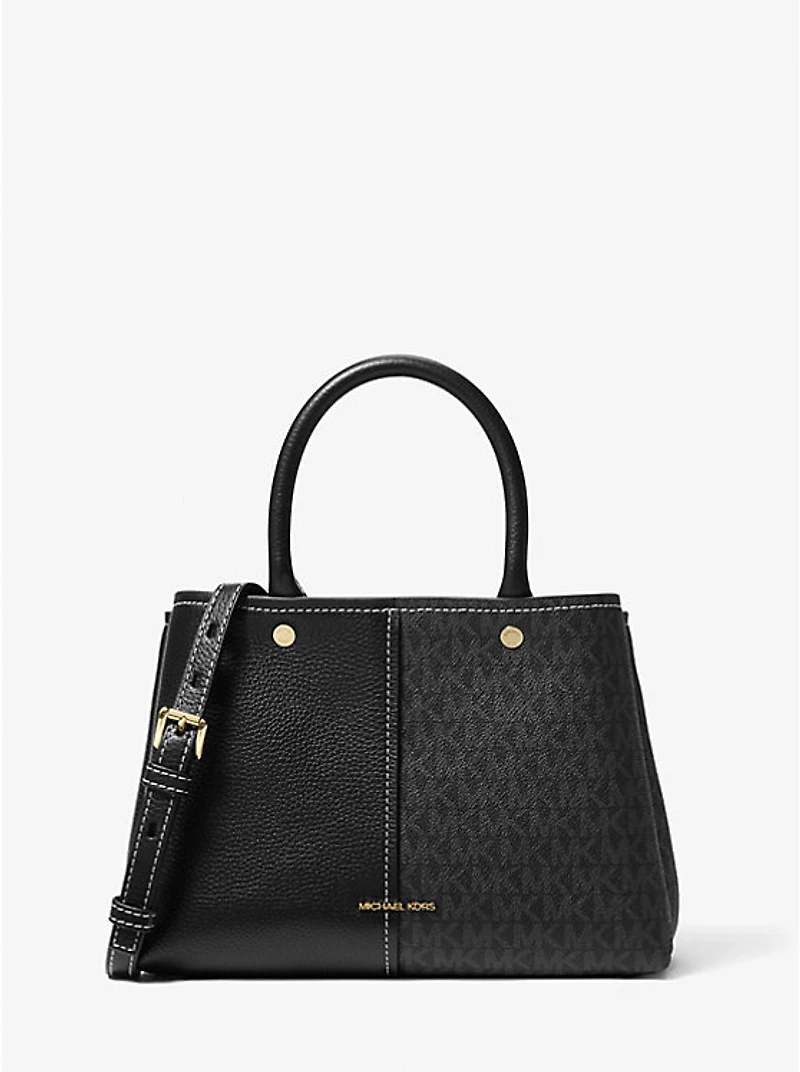 Flora Medium Signature Logo and Leather Satchel