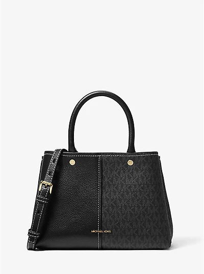 Flora Medium Signature Logo and Leather Satchel