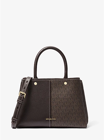 Flora Medium Signature Logo and Leather Satchel