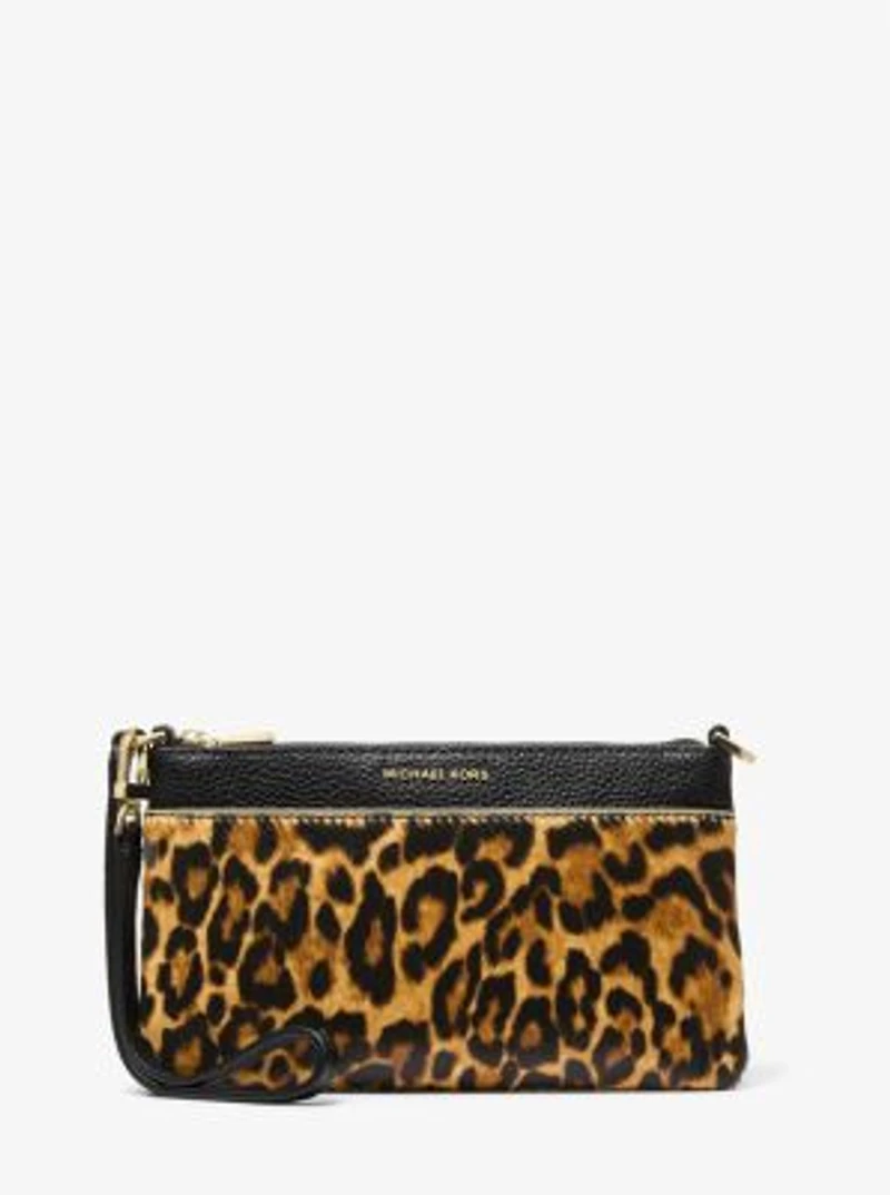 Jet Set Medium Leopard Print Calf Hair and Leather Wristlet