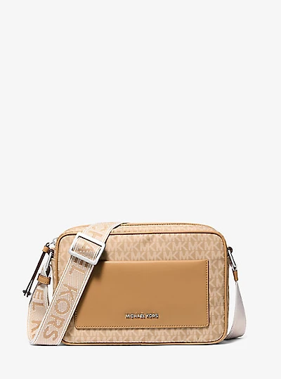 Jet Set Large Signature Logo Print Woven Crossbody Bag