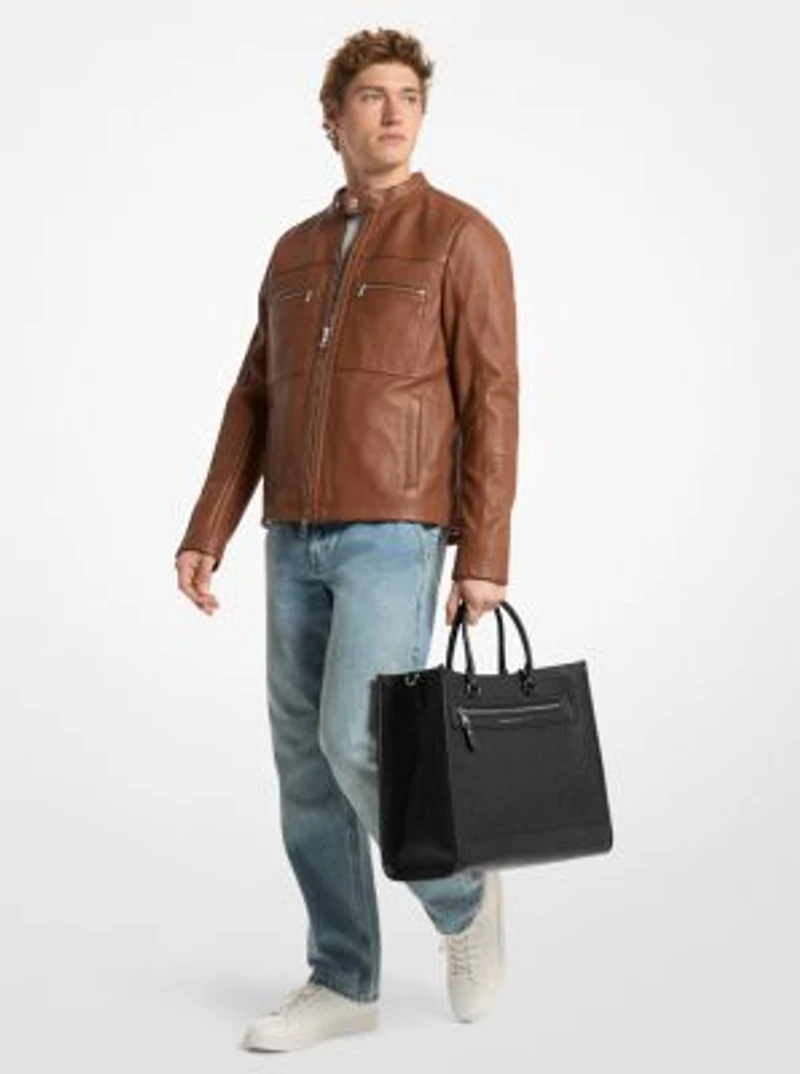 Jet Set Logo Embossed Leather Tote Bag