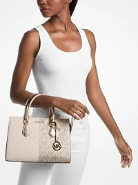 Sheila Medium Two-Tone Metallic Signature Logo Satchel