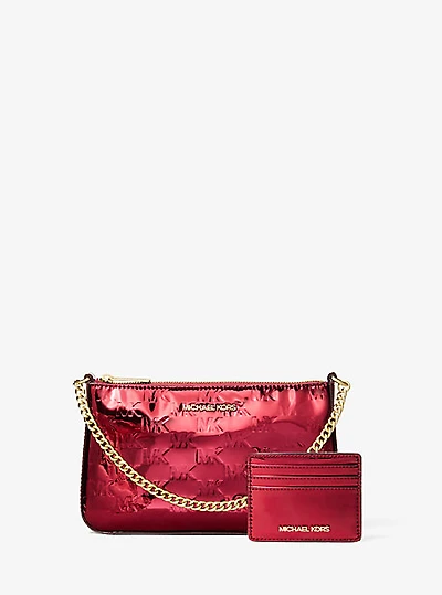 Jet Set Medium Metallic Logo Debossed Pochette and Card Case Gift Set