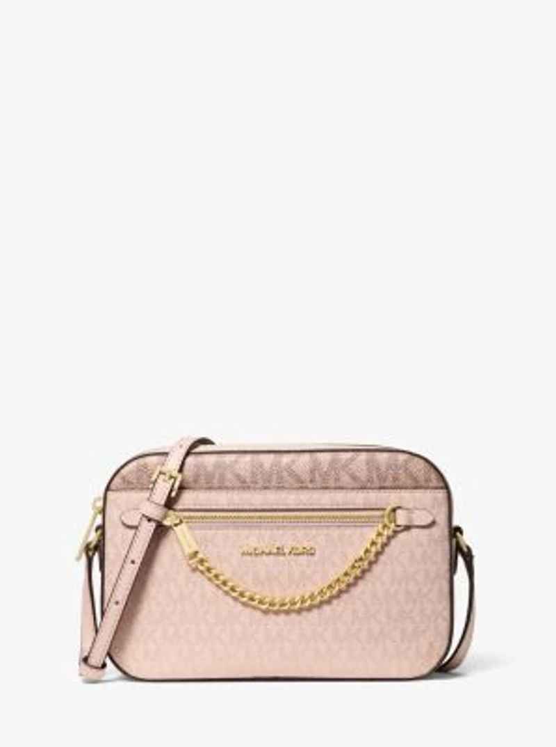 Jet Set Large Metallic Signature Logo Crossbody Bag