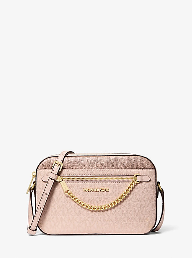 Jet Set Large Metallic Signature Logo Crossbody Bag