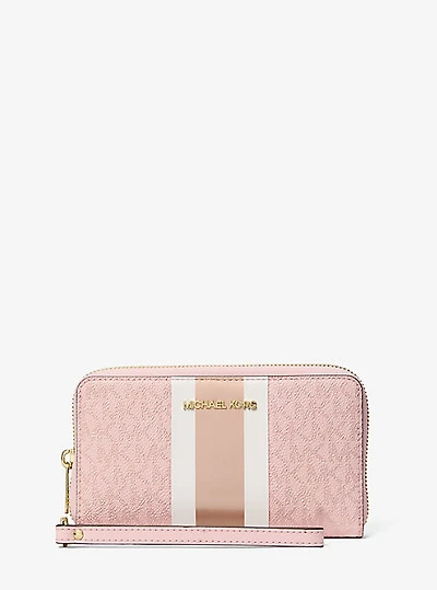 Jet Set Large Metallic Signature Logo Stripe Smartphone Wallet