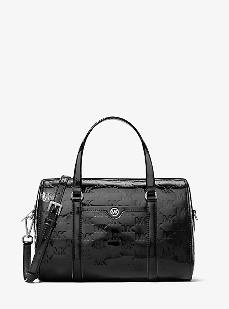 Jet Set Medium Patent Logo Debossed Duffel Crossbody Bag