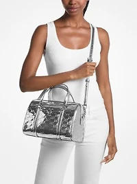 Jet Set Medium Patent Logo Debossed Duffel Crossbody Bag