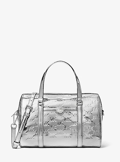Jet Set Medium Patent Logo Debossed Duffel Crossbody Bag