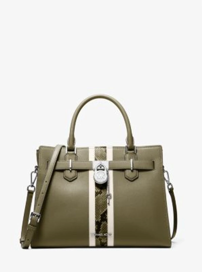 Hamilton Medium Leather and Snake Embossed Stripe Satchel