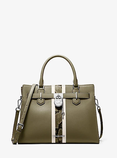Hamilton Medium Leather and Snake Embossed Stripe Satchel