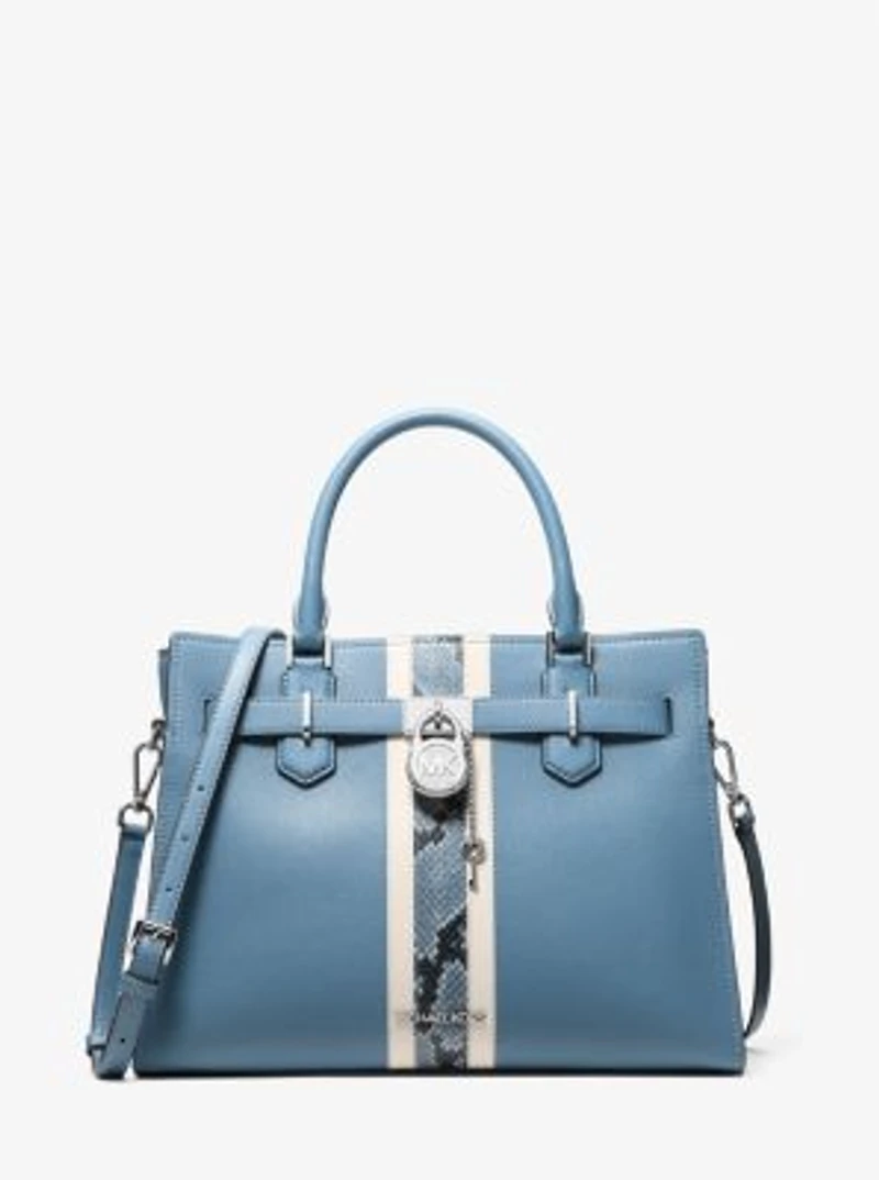 Hamilton Medium Leather and Snake Embossed Stripe Satchel
