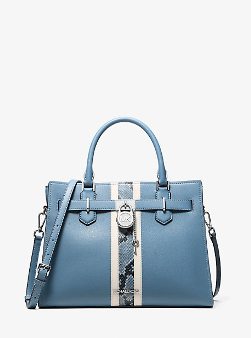 Hamilton Medium Leather and Snake Embossed Stripe Satchel