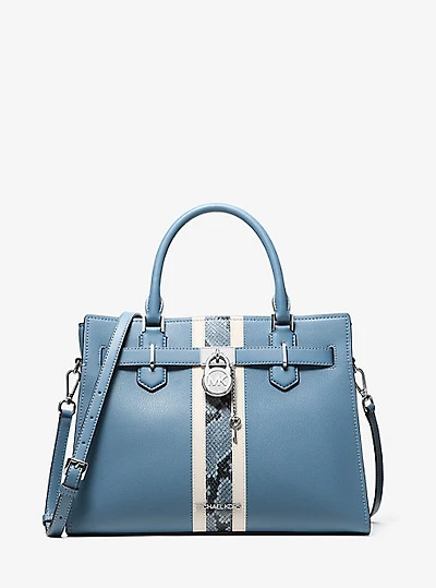 Hamilton Medium Leather and Snake Embossed Stripe Satchel
