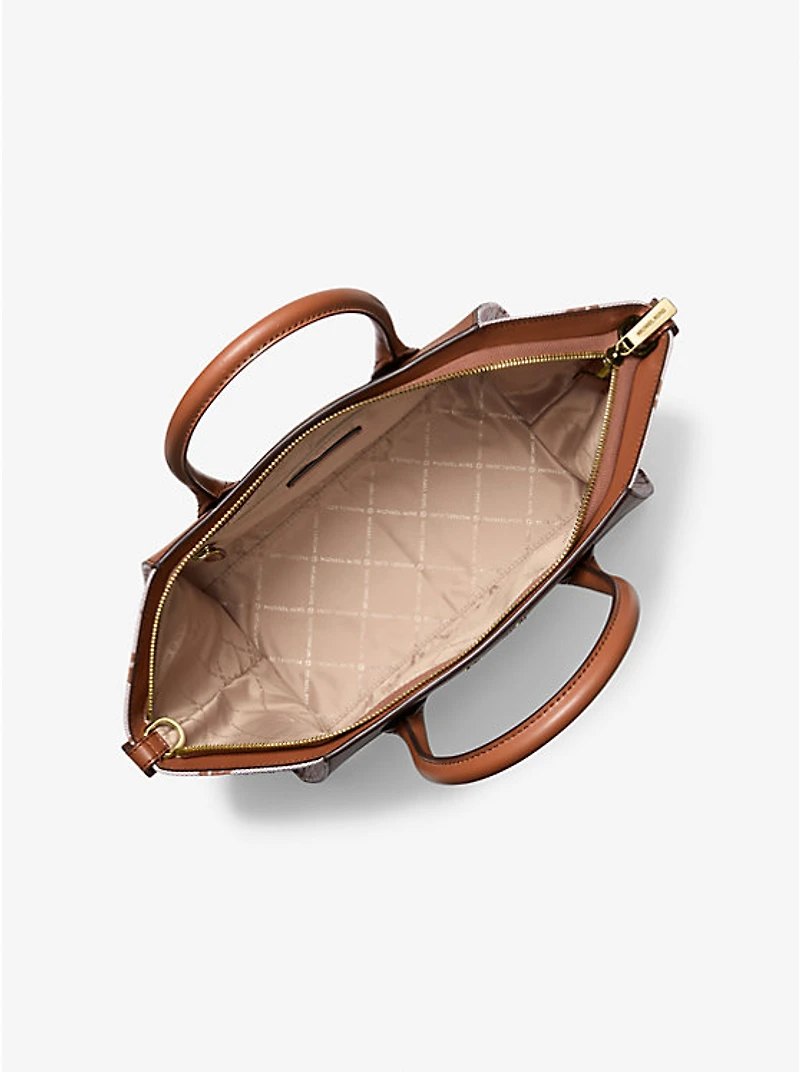Avril Large Leather and Logo Jacquard Satchel