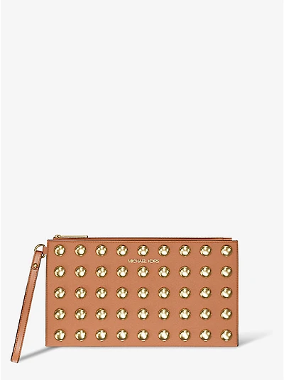 Jet Set Large Studded Pebbled Leather Wristlet