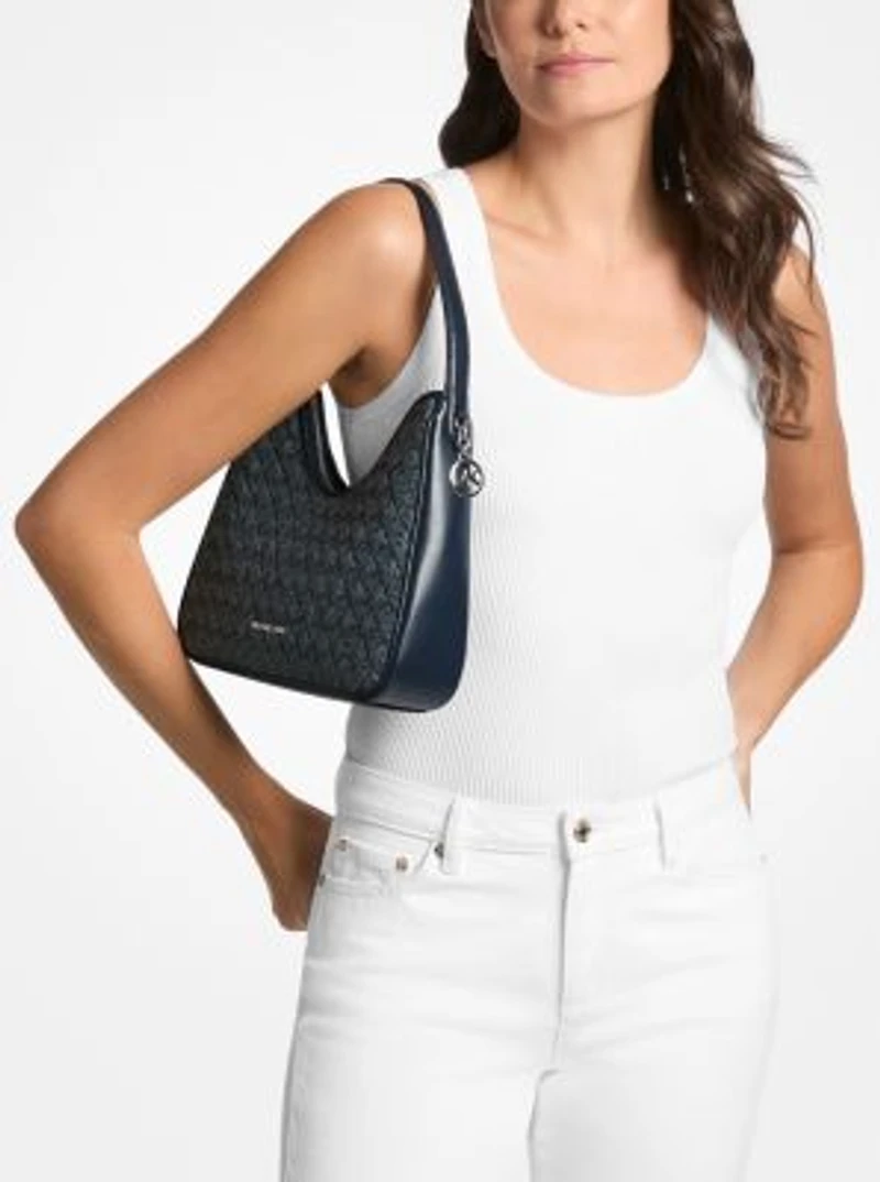 Nayla Small Woven Signature Logo Hobo Shoulder Bag