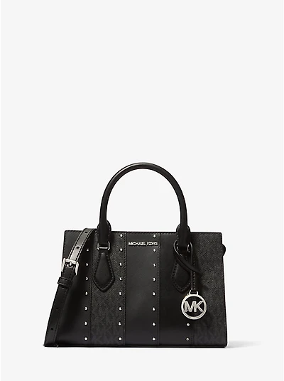 Sheila Small Studded Patchwork and Signature Logo Satchel