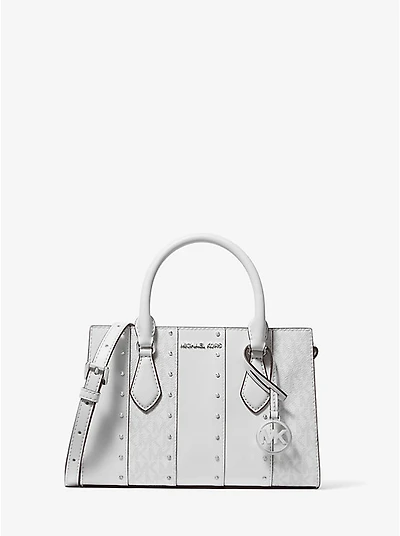 Sheila Small Studded Patchwork and Signature Logo Satchel
