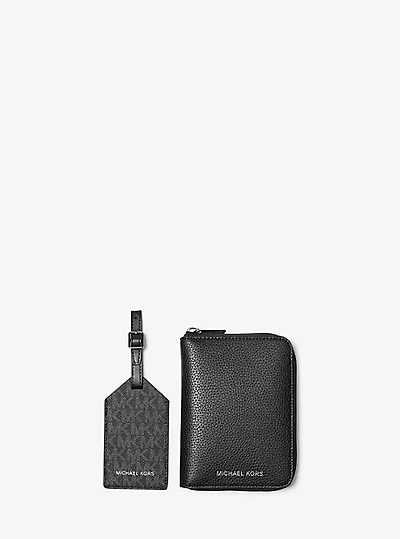 Pebbled Leather Passport Wallet and Signature Logo Luggage Tag Gift Set