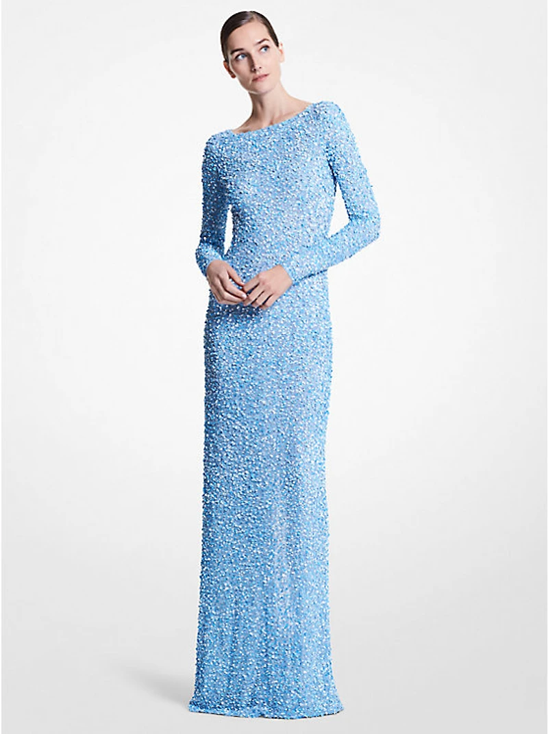 Floral Embellished Stretch Tulle Gown