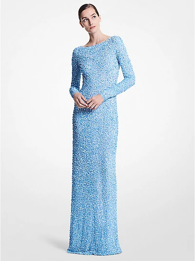 Floral Embellished Stretch Tulle Gown