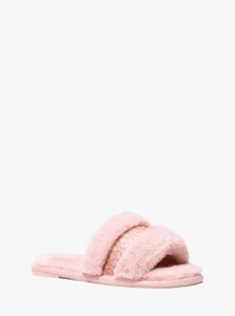 Alexis Faux Fur and Metallic Signature Logo Slide Sandal