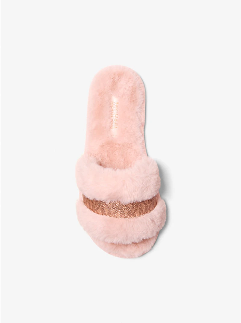 Alexis Faux Fur and Metallic Signature Logo Slide Sandal