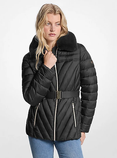 Faux Fur Trim Packable Nylon Puffer Jacket