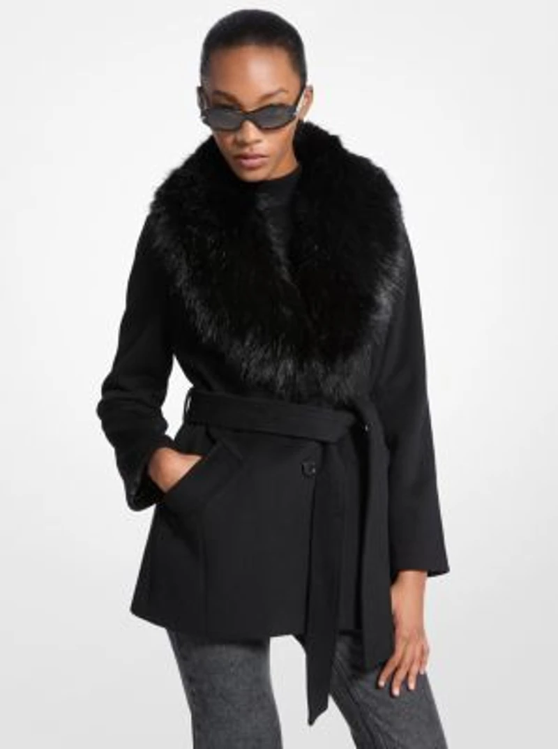 Faux Fur Trim Wool Blend Coat