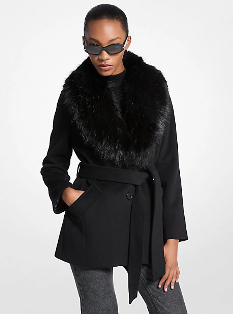 Faux Fur Trim Wool Blend Coat