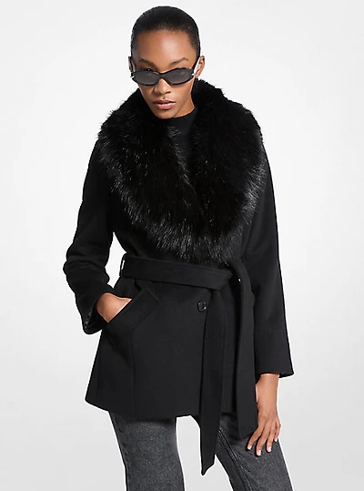 Faux Fur Trim Wool Blend Coat