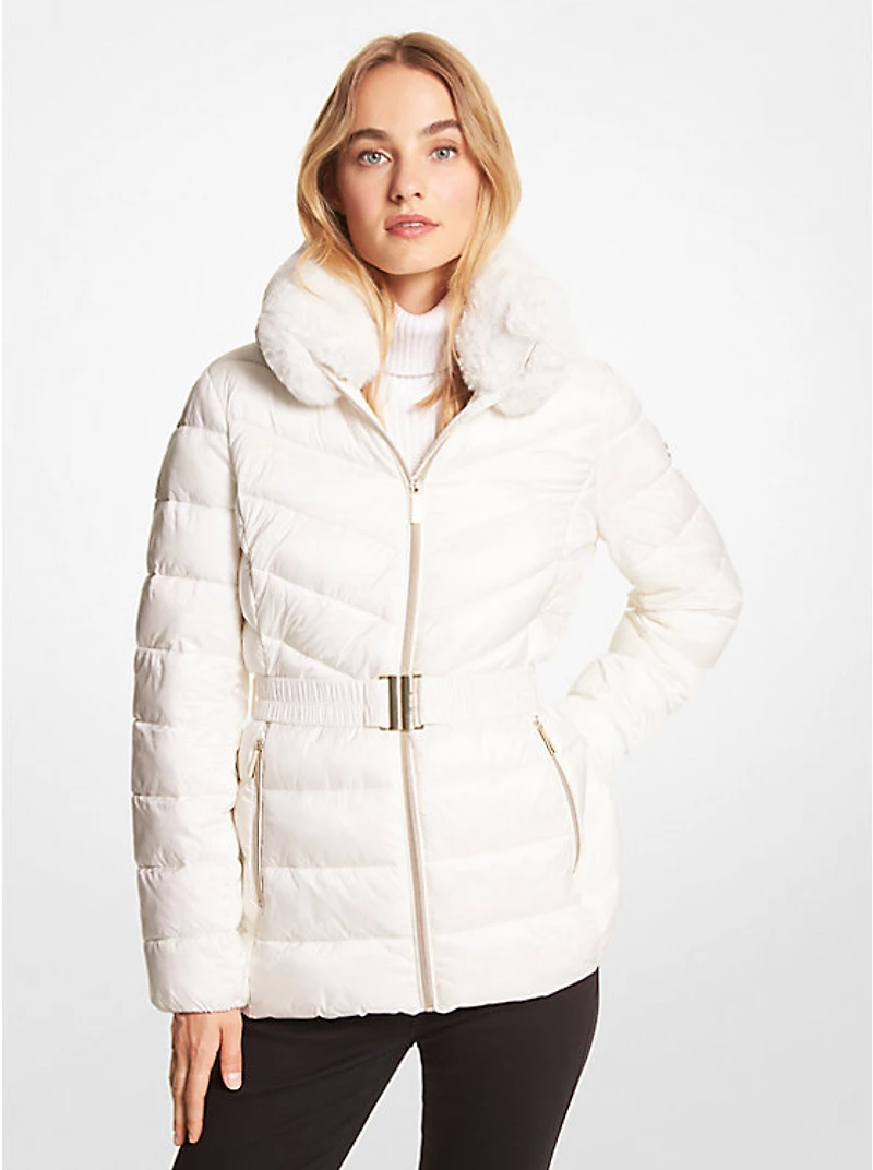 Faux Fur Trim Quilted Nylon Packable Puffer Jacket