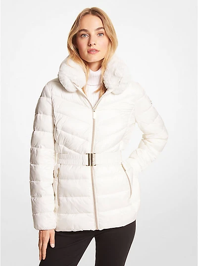 Faux Fur Trim Quilted Nylon Packable Puffer Jacket