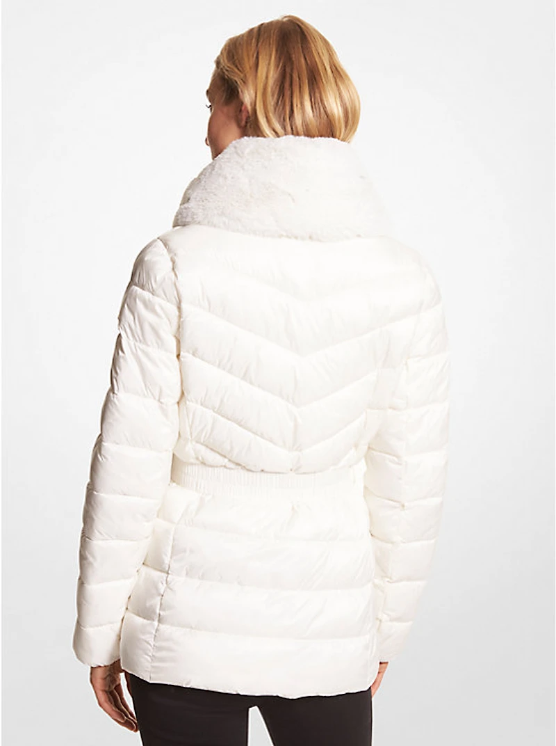 Faux Fur Trim Quilted Nylon Packable Puffer Jacket