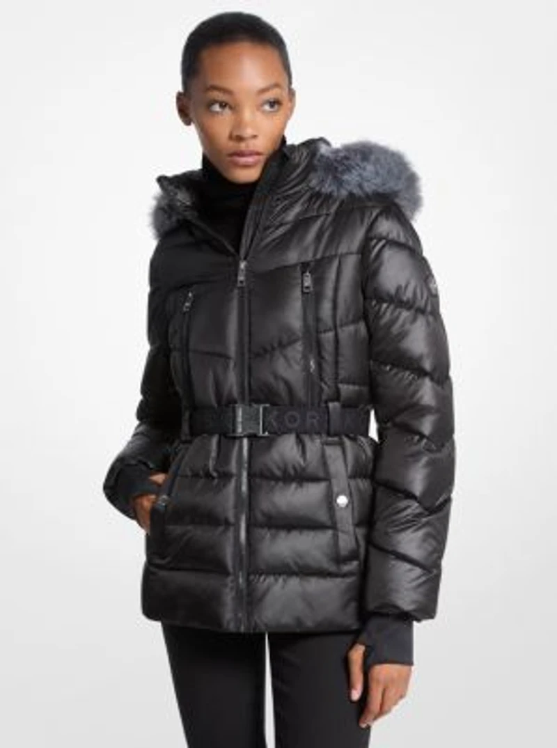 Faux Fur Trim Belted Puffer Jacket
