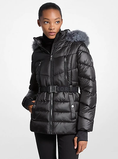 Faux Fur Trim Belted Puffer Jacket