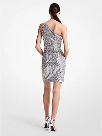 Paillette Embroidered Stretch Tulle One-Shoulder Dress