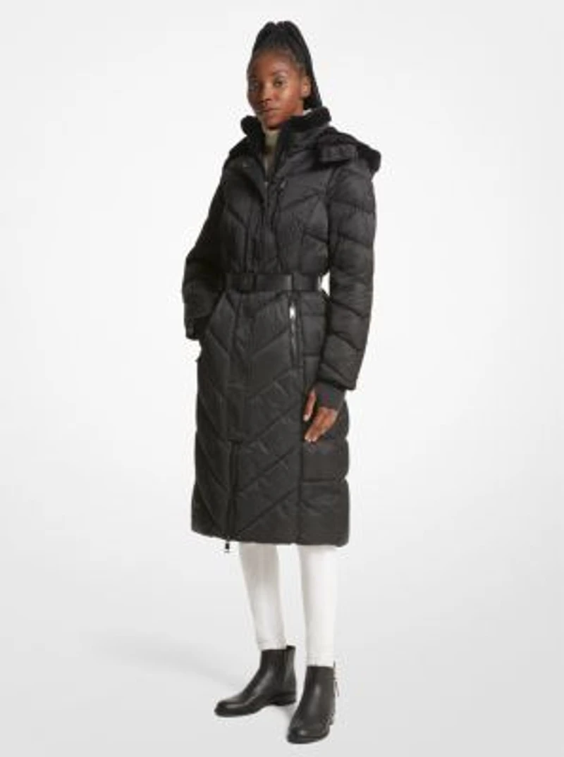 Faux Fur Trim Belted Puffer Coat