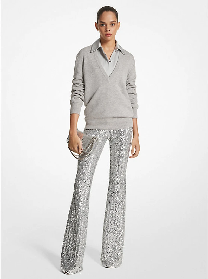Sequined Stretch Tulle Flared Pants