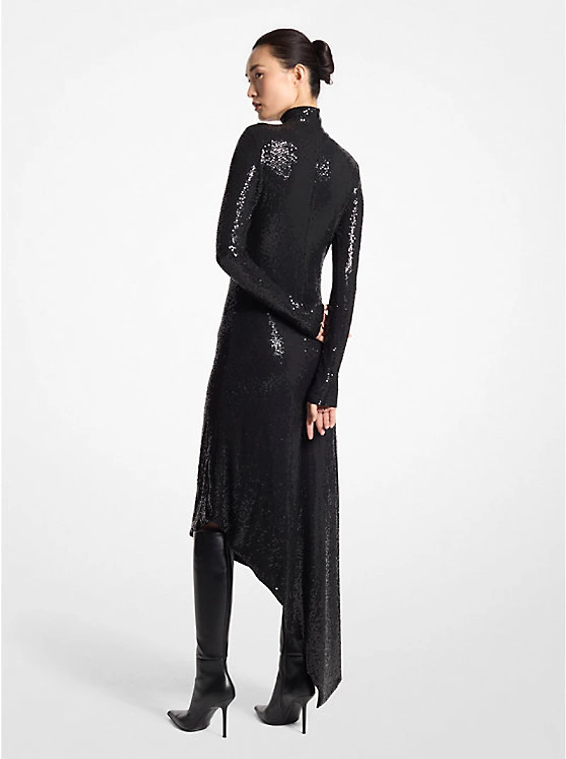 Sequined Stretch Matte Jersey Turtleneck Dress