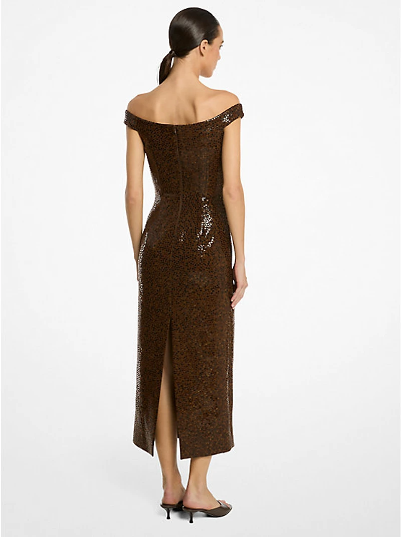 Hand-Embellished Paillettes Crepe Off-The-Shoulder Dress