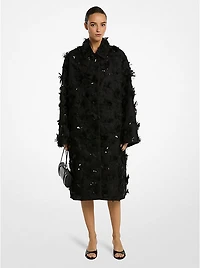 Hand-Embellished Floral Silk and Wool Mikado Balmacaan