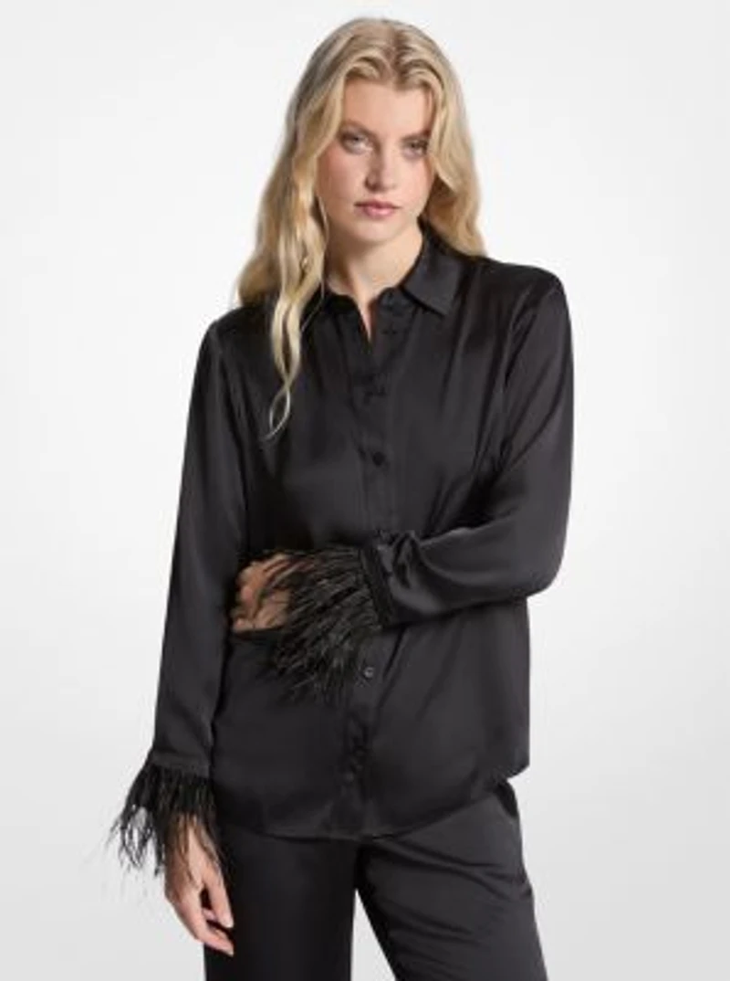 Feather Trim Satin Pajama Shirt