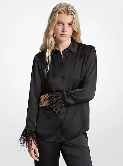 Feather Trim Satin Pajama Shirt