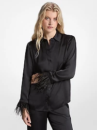 Feather Trim Satin Pajama Shirt
