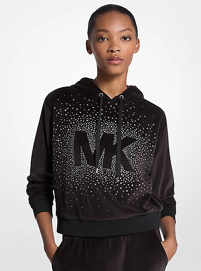 Embellished Logo Velour Hoodie