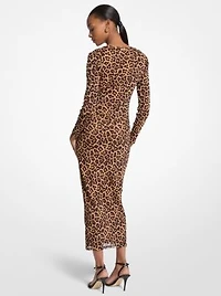 Leopard Print Nylon Mesh Midi Dress