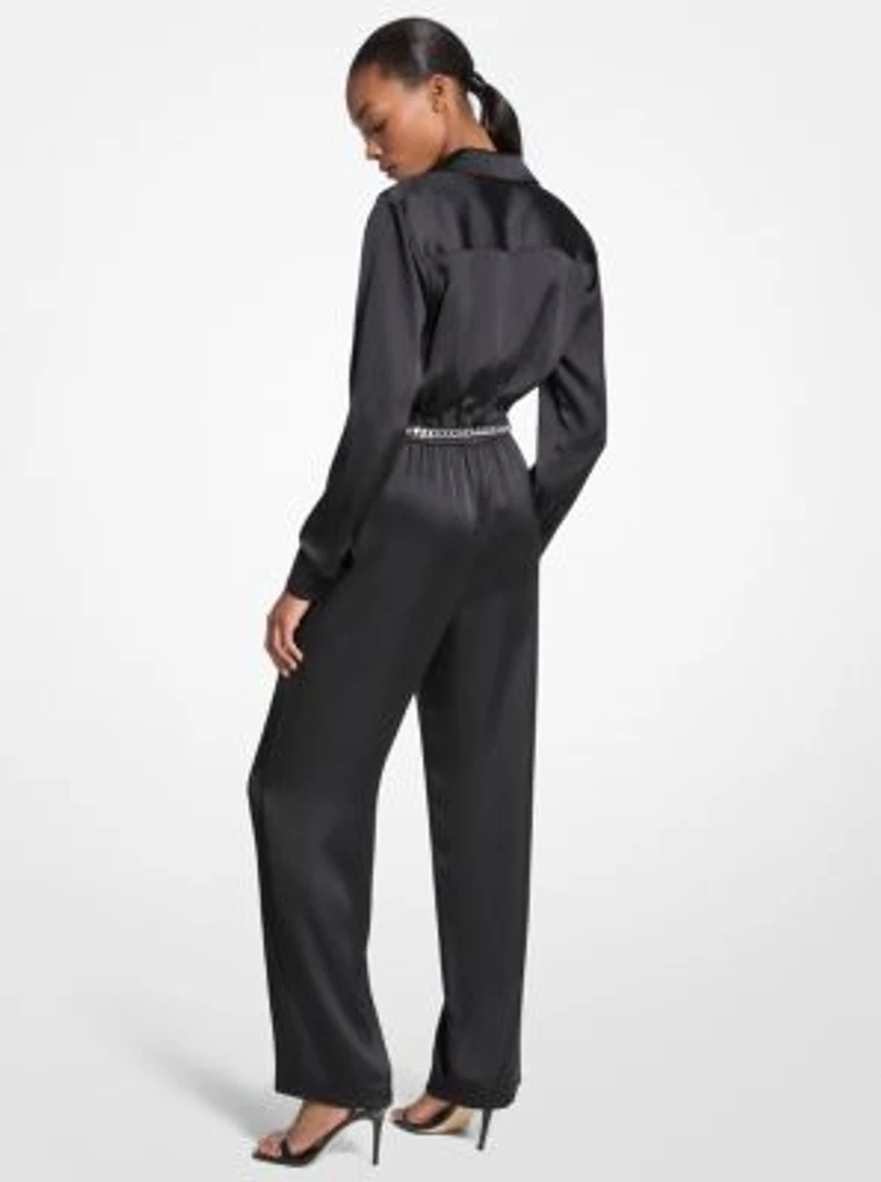 Satin Long Sleeve Belted Jumpsuit